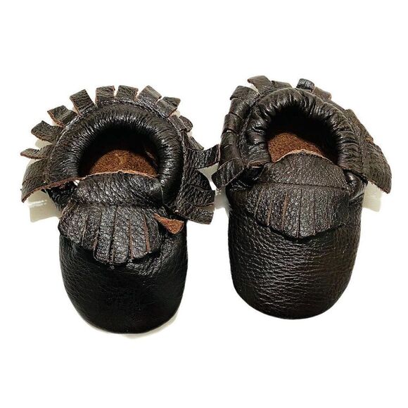 New Glossy Brown Leather Fringe Moccasins - Picture 3 of 4